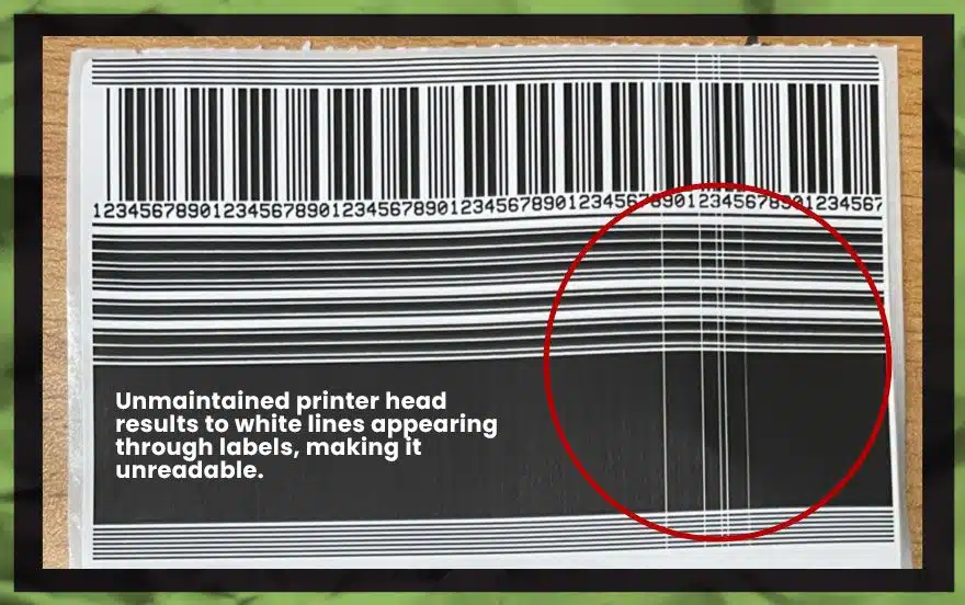 Unmaintained printer head resultts to white lines appearing through labels, making it unreadable
