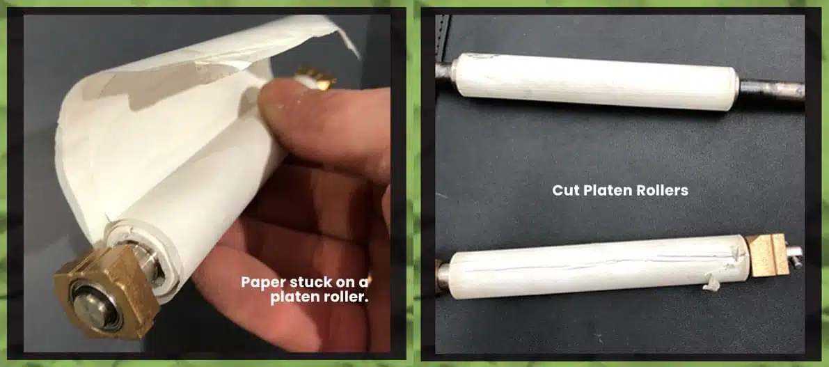 left photo of a paper stuck on a platen roller, right photo of a cut platen rollers of a printer