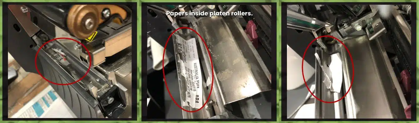 series of photos where there are papers inside of the platen rollers of the printer