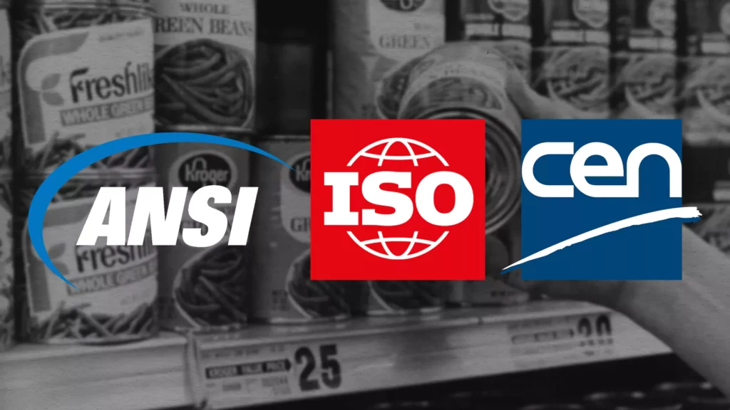 leading organization that started the barcode foundation - ANSI, ISO, CEN logos