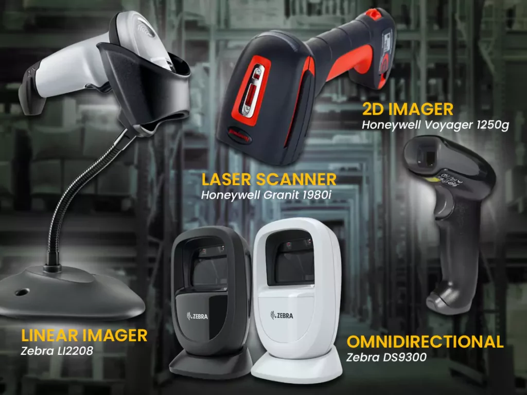 barcode-scanners in the picture include barcode scanners: Honeywell Granit 1980i Laser Scanner, Honeywell Voyager 1250g, Zebra Ll2208 Linear Imager and Zebra DS 9400 Omnidirectional