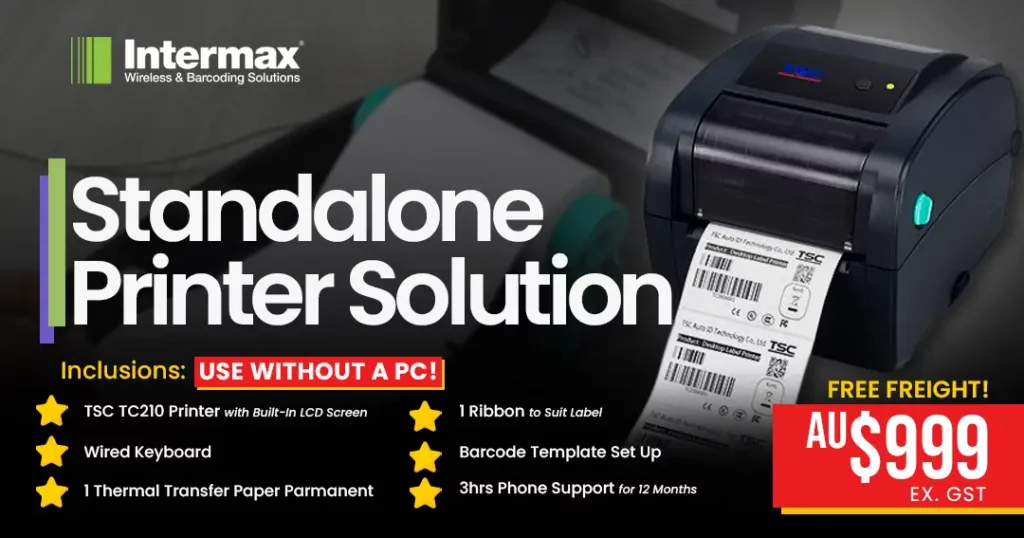 Standalone TSC TC210 printer package with accessories including wired keyboard, label setup, and thermal paper – available in Australia.