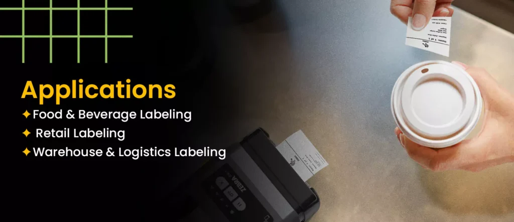 Image showcasing linerless label applications in food and beverage, retail, and warehouse logistics. Highlighting versatility and efficiency in modern labeling solutions