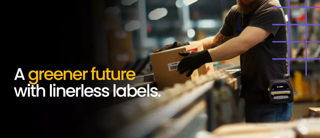 Warehouse worker handling packages labeled with linerless labels, promoting sustainability and eco-friendly practices in labeling for a greener future