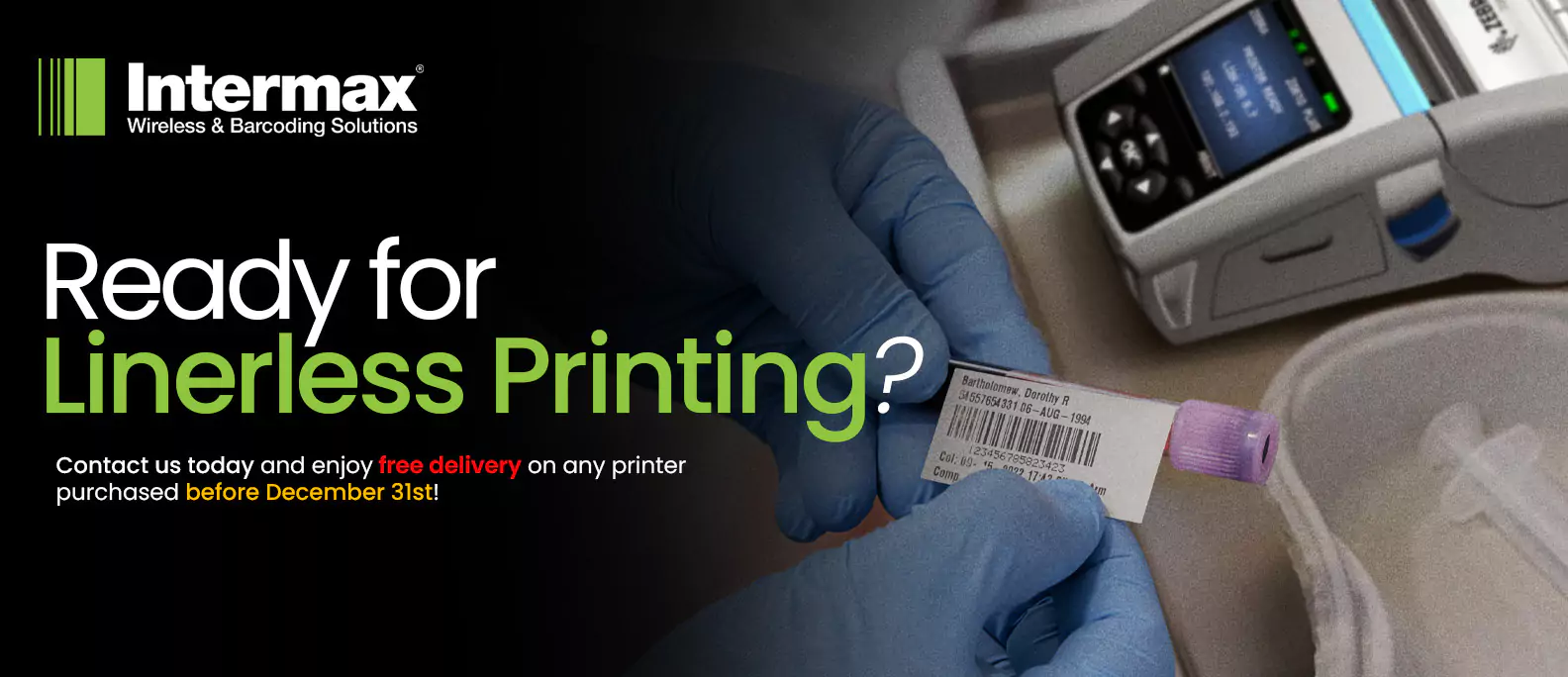 Close-up of a healthcare professional using a linerless label printed by a Zebra printer, highlighting a promotion for free delivery on linerless printers purchased before December 31st