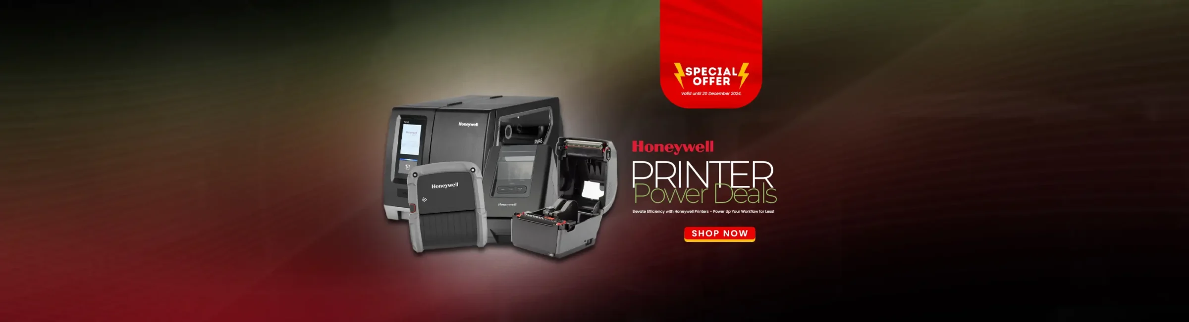 Honeywell printer promotion banner featuring multiple Honeywell printers with a special offer valid until December 20, 2024