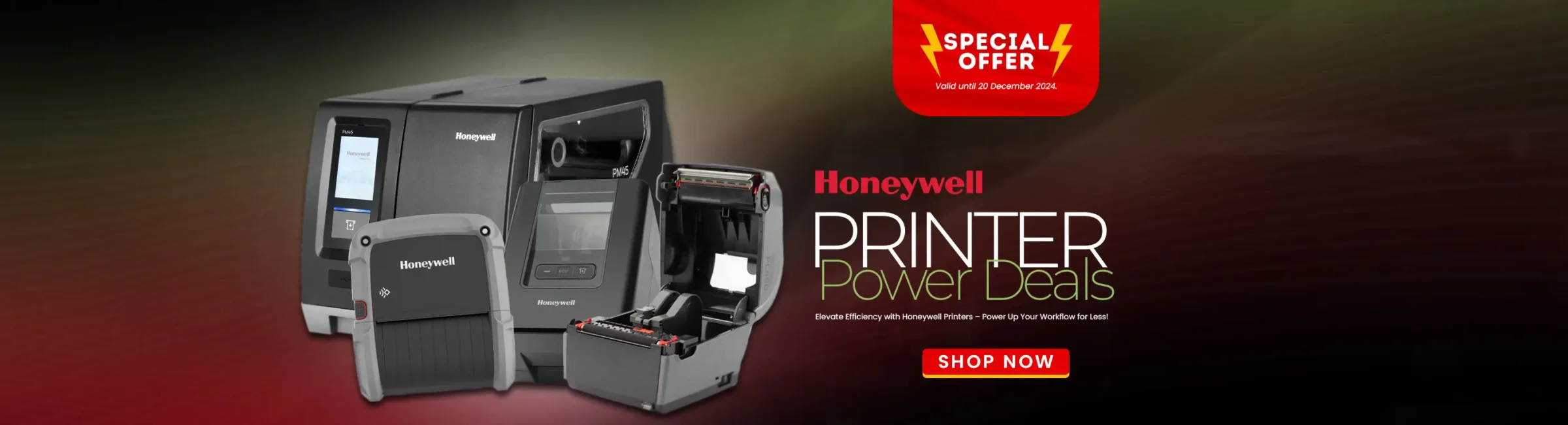 Honeywell printer promotion banner featuring multiple Honeywell printers with a special offer valid until December 20, 2024