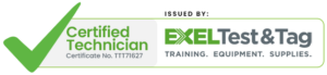 Certified Test and Tag Technician badge issued by EXEL Test & Tag for training, equipment, and supplies.