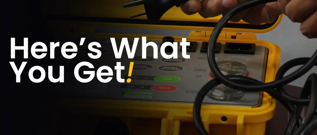 A technician holding a power cord near a Trisan portable appliance tester, used for test and tag compliance.