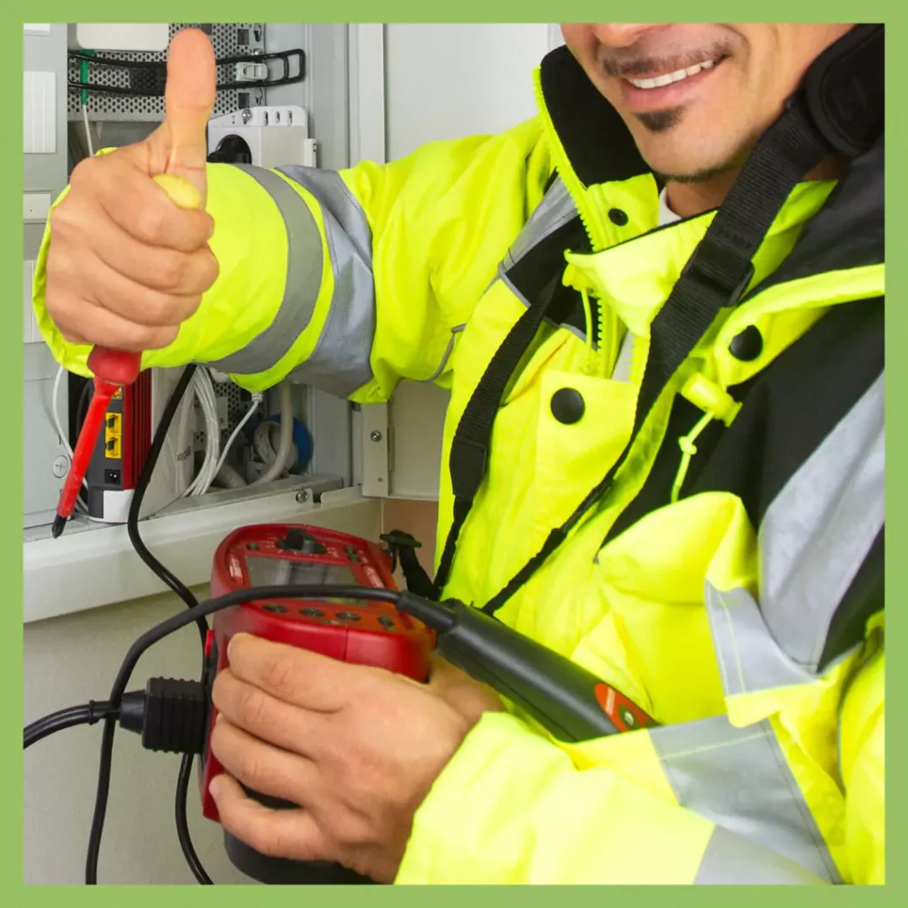 A certified Test & Tag technician performing an electrical safety check, giving a thumbs-up to indicate compliance with Australian standards.