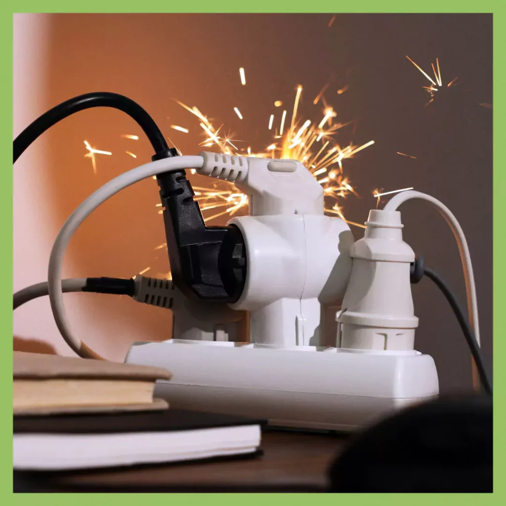 Overloaded power board sparking due to excessive electrical connections, highlighting workplace safety risks.