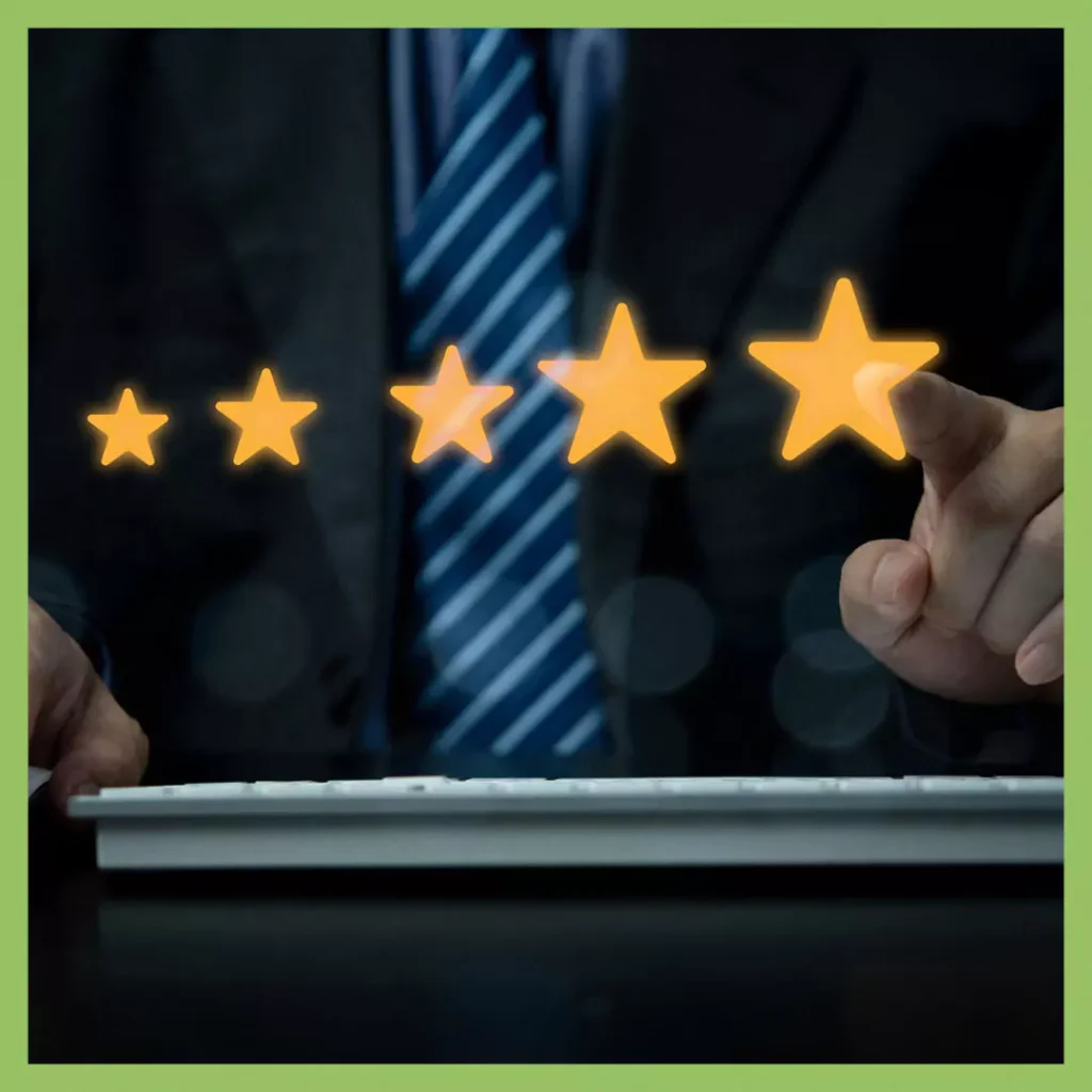 Business professional in a suit selecting a five-star rating, symbolizing high-quality service and reputation improvement with Test & Tag compliance.