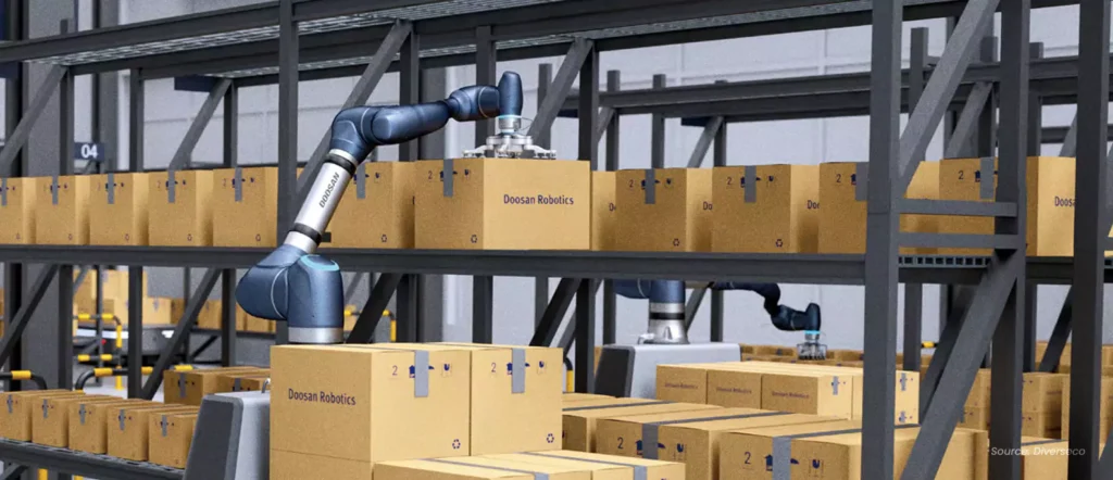 Doosan CoBots picking and placing boxes in a warehouse, illustrating the first steps of CoBot implementation in logistics and inventory workflows