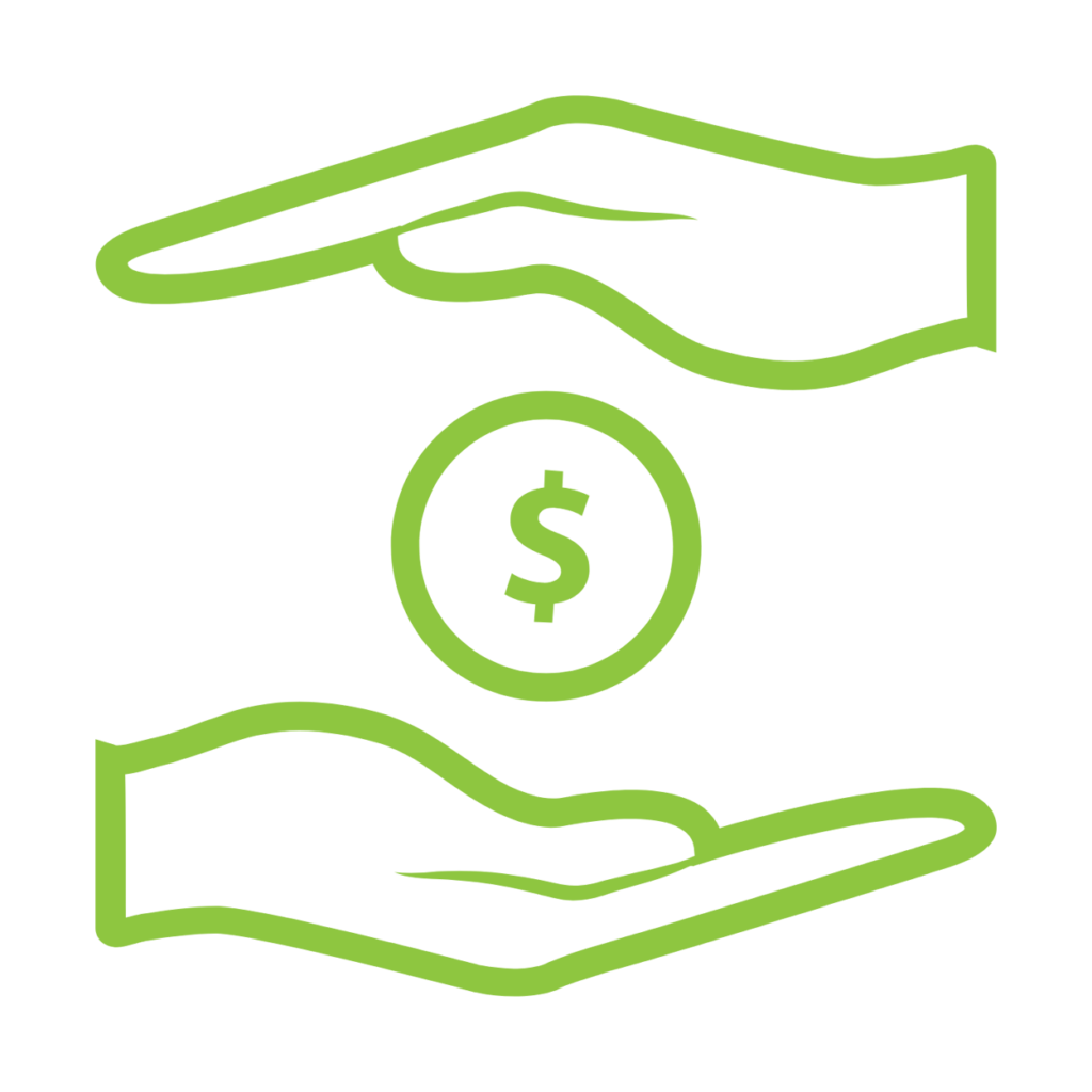 Green icon of two hands surrounding a dollar symbol, representing affordability and scalability of CoBots in warehouse automation