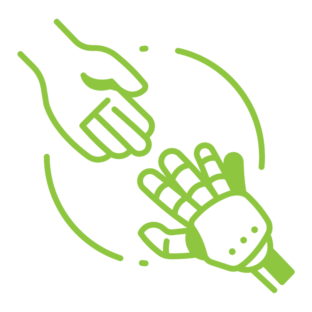 Green icon of a human hand and a robotic hand reaching toward each other, representing human-robot collaboration in warehouse automation