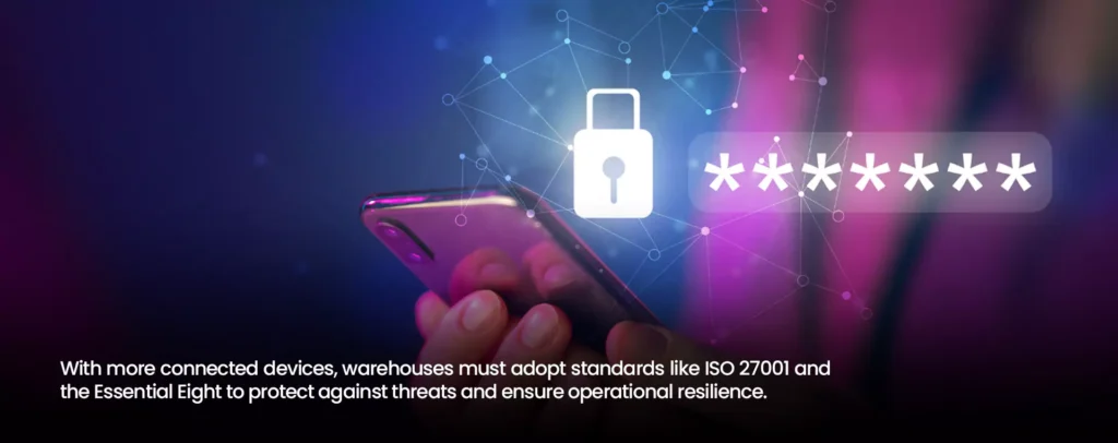 Person holding a smartphone with digital padlock and password symbols representing warehouse cybersecurity and ISO 27001 compliance