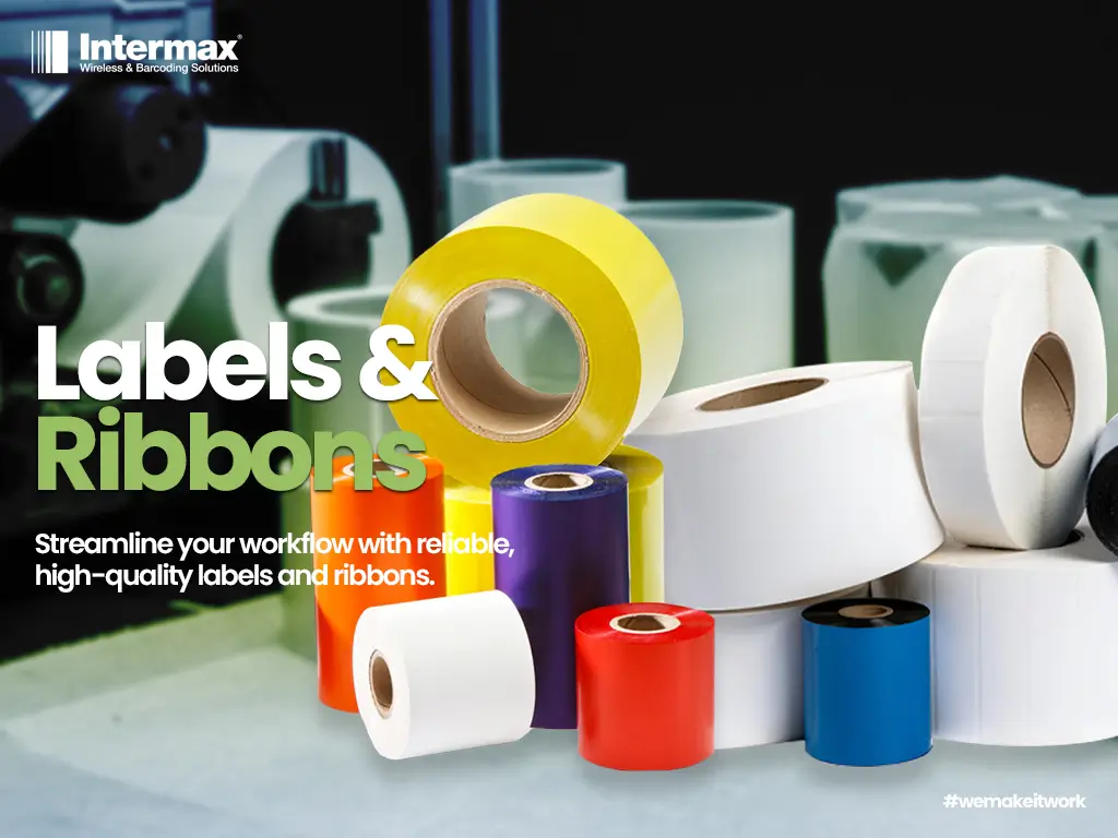 Various rolls of colored and white labels and ribbons for thermal printers, displayed with the Intermax logo