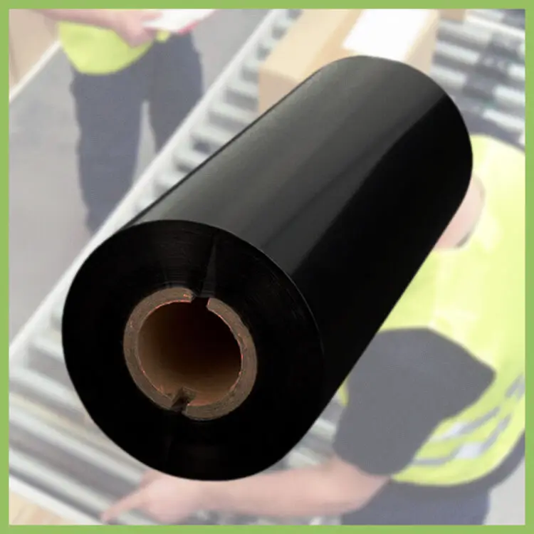 Black thermal transfer wax ribbon roll used for barcode label printing in warehouses