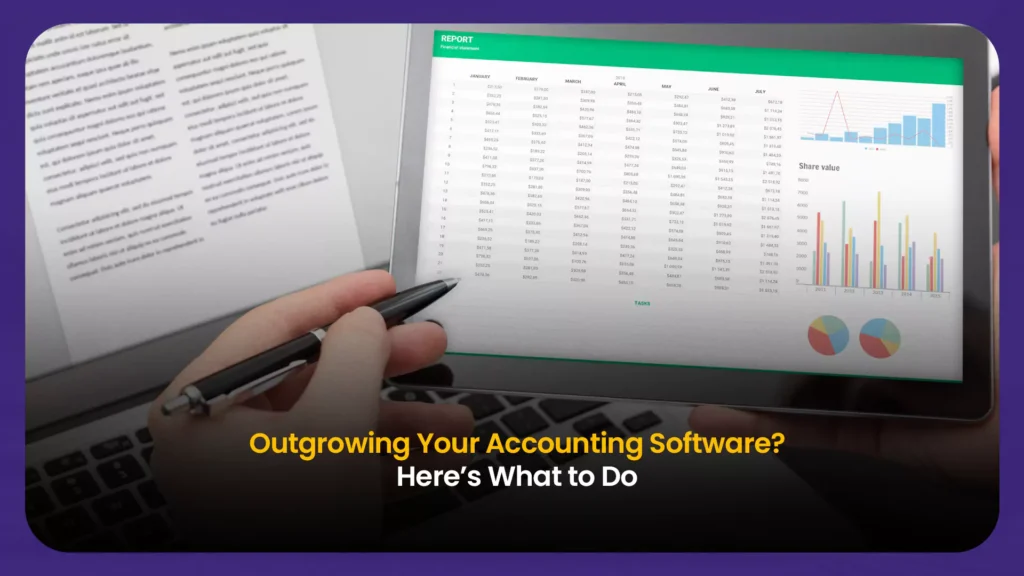 Hand pointing at spreadsheet with graphs on a laptop screen—representing outdated accounting software limitations in warehouse operations