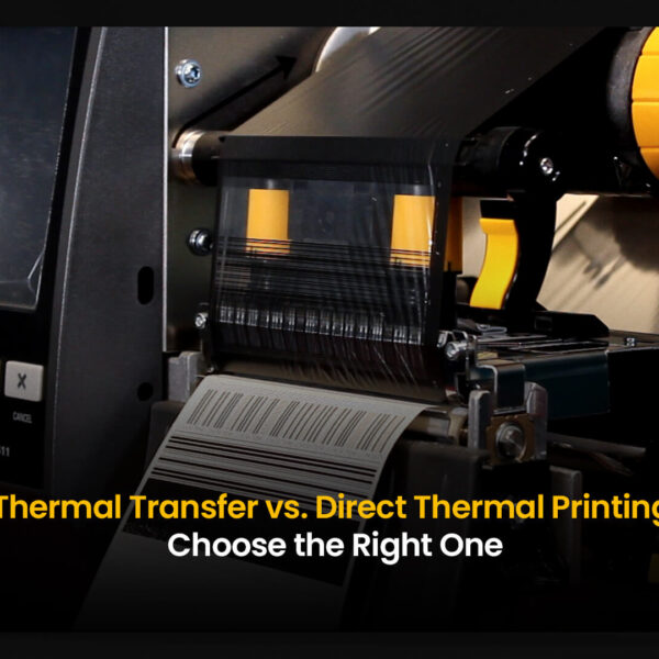 Zebra ZT411 industrial barcode printer printing labels using thermal transfer method.