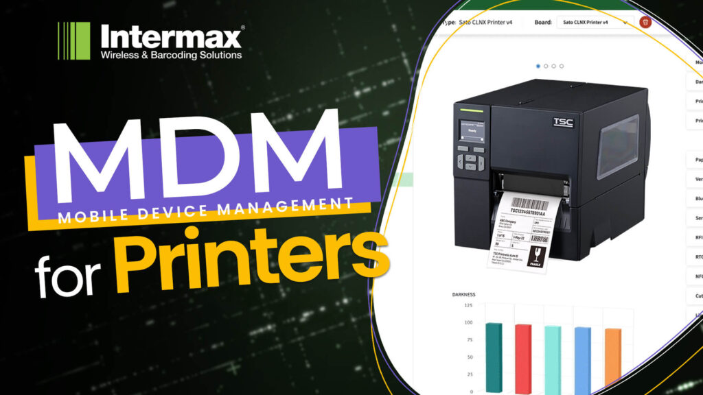 Intermax banner showing a thermal barcode printer with text 'MDM for Printers – Mobile Device Management