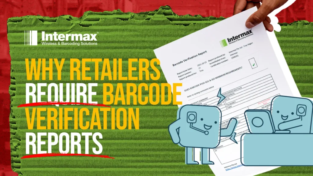 Intermax Barcode Verification Report with headline text 'Why Retailers Require Barcode Verification Reports' over a corrugated background, showing cartoon characters discussing a printed compliance report