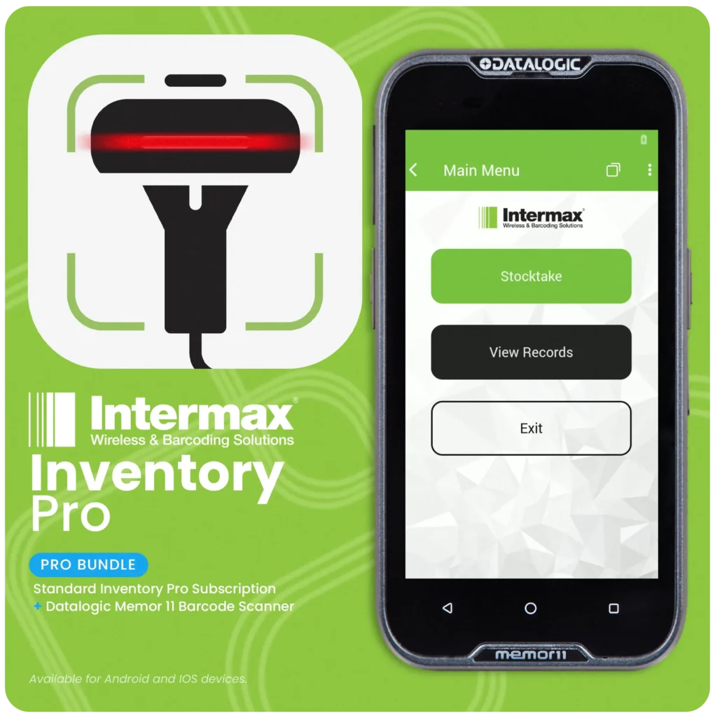 Intermax Inventory Pro standard stocktaking app shown on a smartphone.