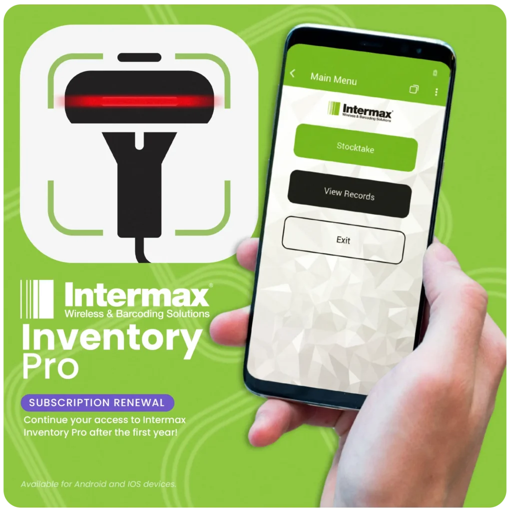 Person holding smartphone displaying Intermax Inventory Pro app for stocktaking and barcode scanning with subscription renewal offer.