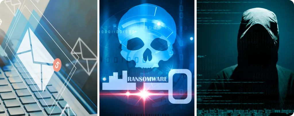 Email phishing, ransomware attack, and hacker representing major cybersecurity threats to businesses