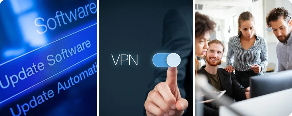 Software updates, VPN security, and team collaboration representing essential cybersecurity best practices for businesses