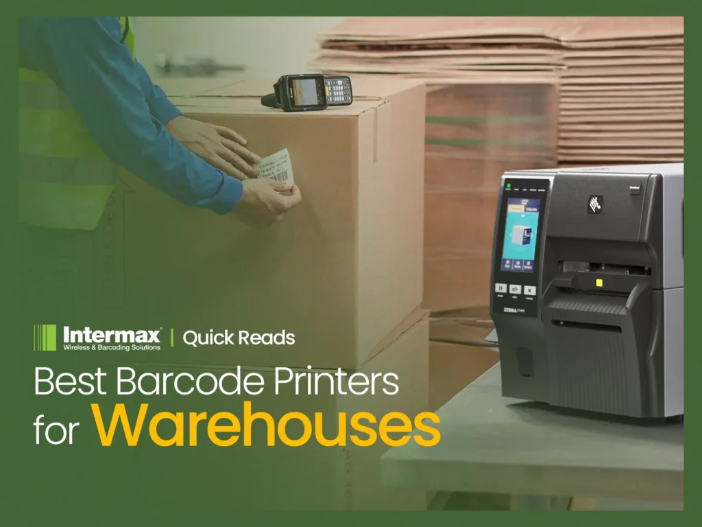 Worker applying barcode label in warehouse beside Zebra industrial thermal printer used for high-volume warehouse label printing